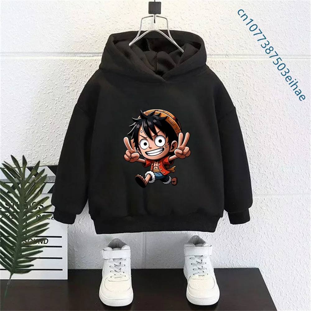 Kids Luffy Hoodie Inspired By One Piece Classic Anime Pattern Soft Texture Hooded Sweatshirt Trendy Streetwear For Youth Casual