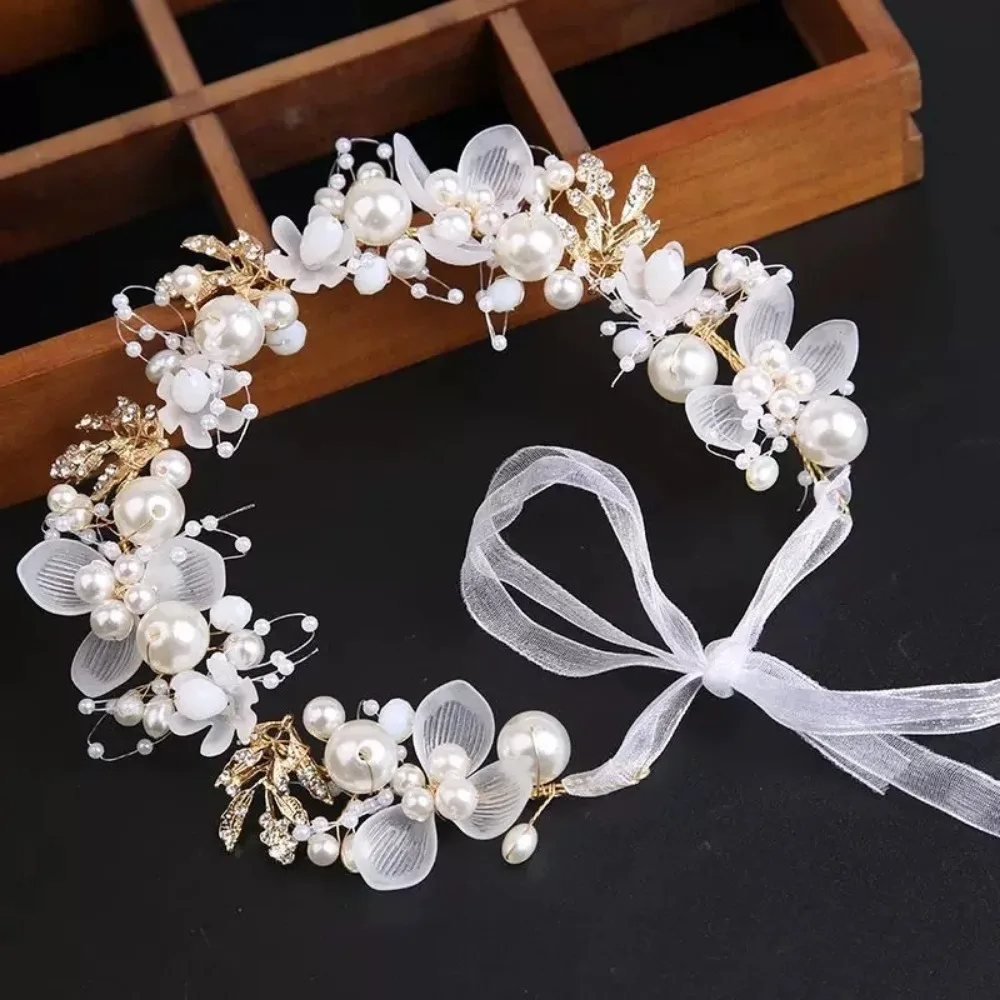 Cute Summer Bohemian Girls Bridal Pearl Hair Headdress Flower Wreath Bride Garland Head Hoop Headbands Hair Jewelry Accessories