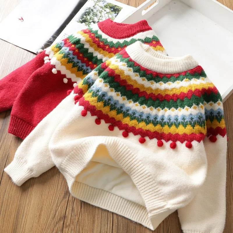 Girls Knitted Sweater  Retro Thick Fleeced Sweater for Girls Children's Baby Gril Sweater Autumn Winter2-12Y