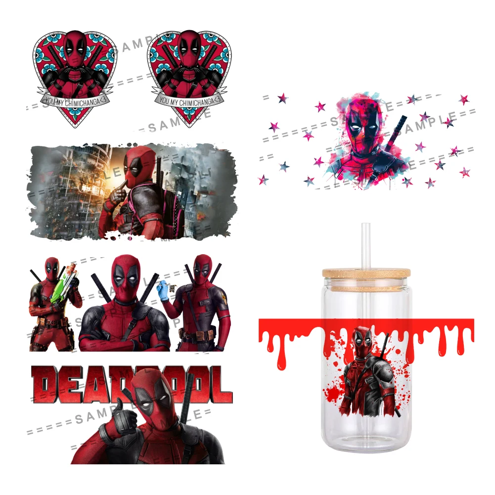 Disney Marvel Deadpool 3D tahan air UV DTF bungkus cangkir untuk 16Oz Libbey kaca dapat DIY stiker Transfer