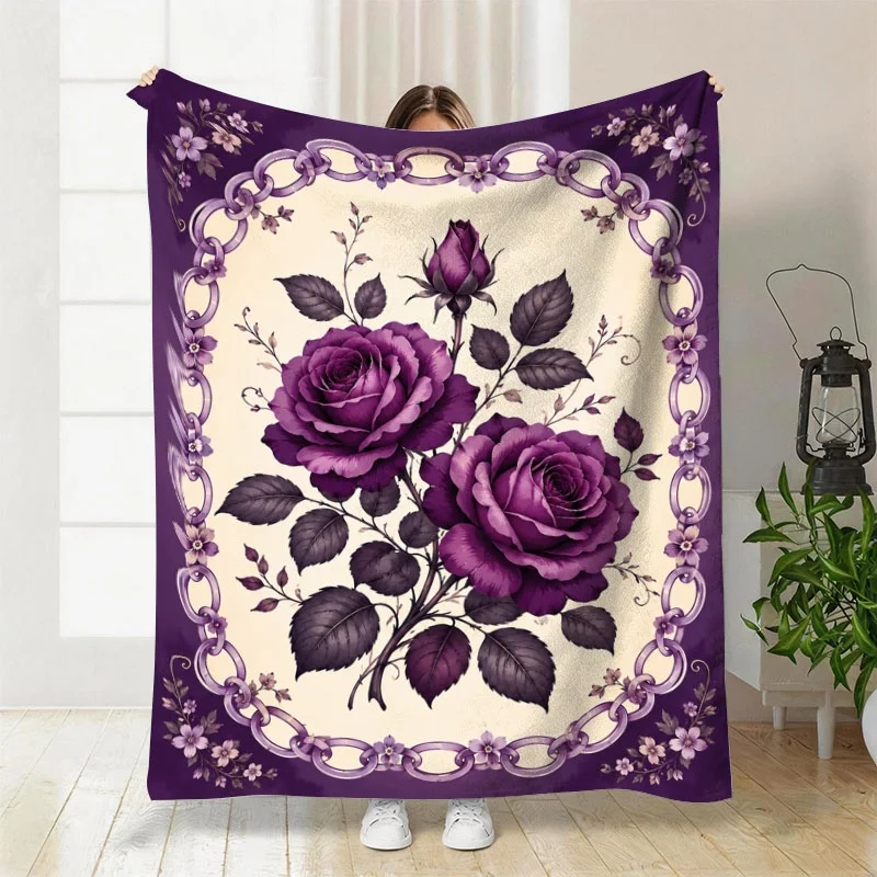 Vintage Purple Rose Flannel Throw Blanket, Chain Floral Frame Soft Warm Blanket for Sofa Bed Home Decor Gift Ideas Now