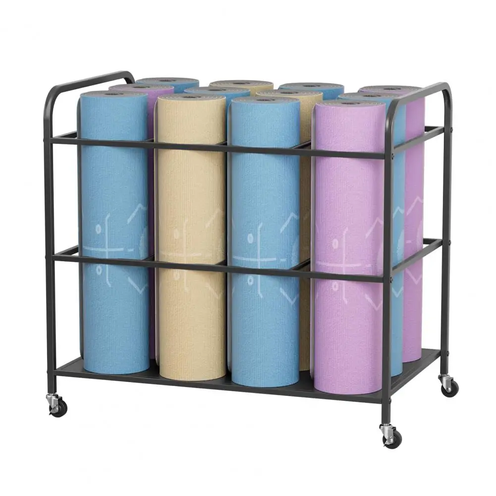 Yoga Mat Storage Rack with Wheels, Home Gym Workout Equipment Storage Cart, Exercise & Fitness Organizer, Black
