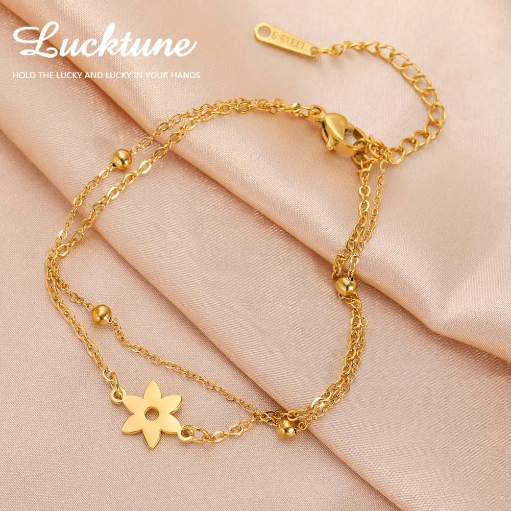 Lucktune Plant Flower Bracelet With Six Leaf Petals Stainless Steel Beads Chain Bracelet for Women Waterproof Cute Jewelry Gifts