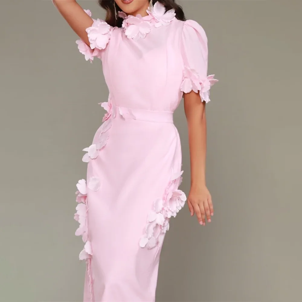 Pink Flowers Prom Dresses for Women Fashion High Collar Short Sleeves Sheath Gowns Formal Evening Wedding Party Dresses 2024