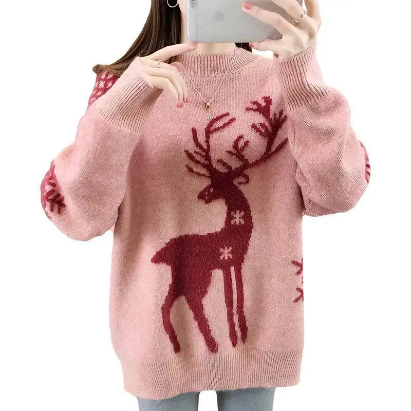 Women\'s Little Deer Christmas Sweater Thickened Loose Coat 2024 Autumn Winter New Fashion Tops Knitwear Shirts For Women Clothes