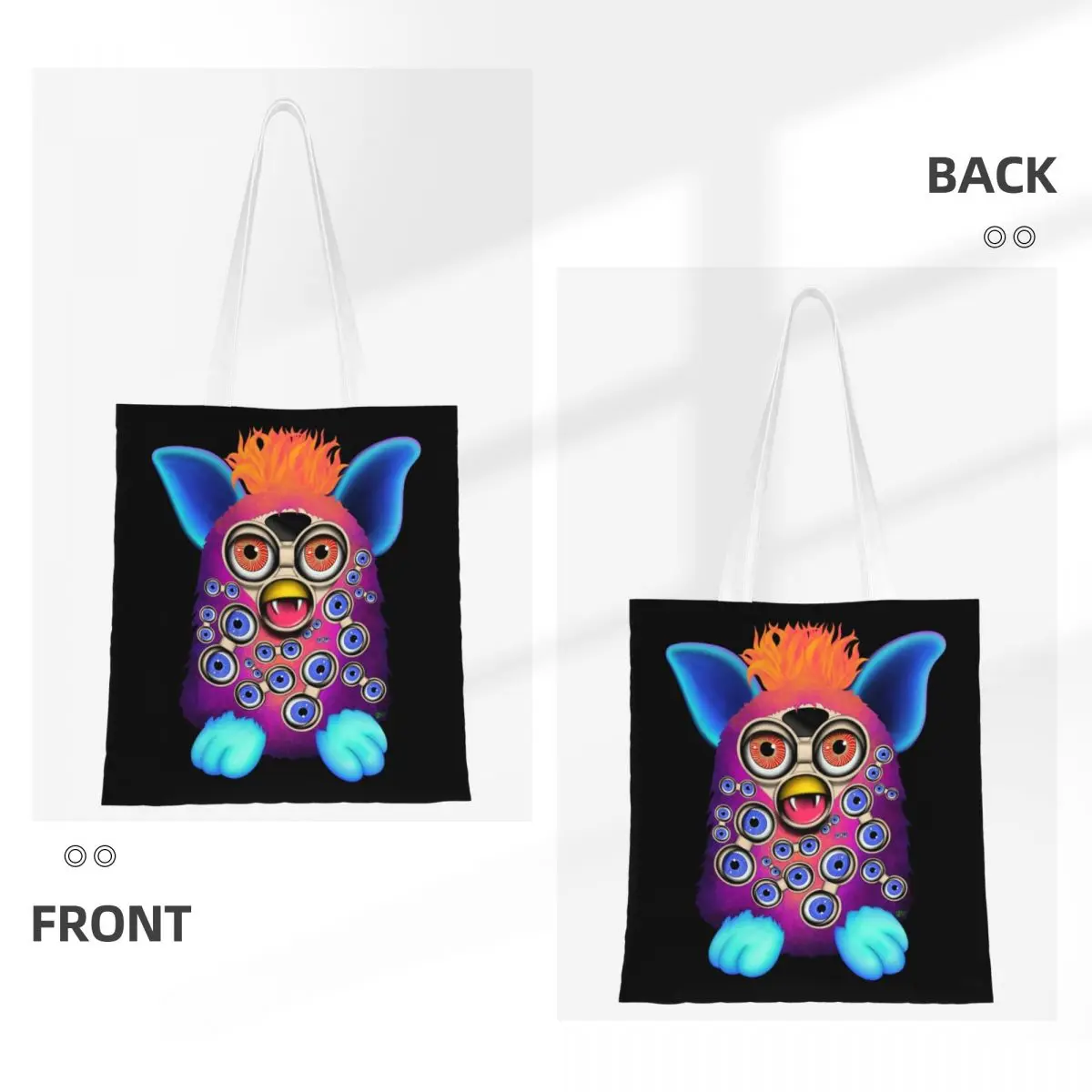 Custom Kawaii Nightmare Furbys Cartoon Robot Toys Shopping Tote Bag Reusable Canvas Groceries Shopper Shoulder Bag