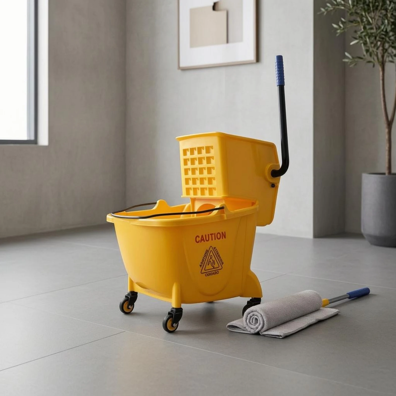 Wringer Pail Trolley Wheeled Mop Pail Wringer Cleaning Equipment Blue Grip Warning Graphic