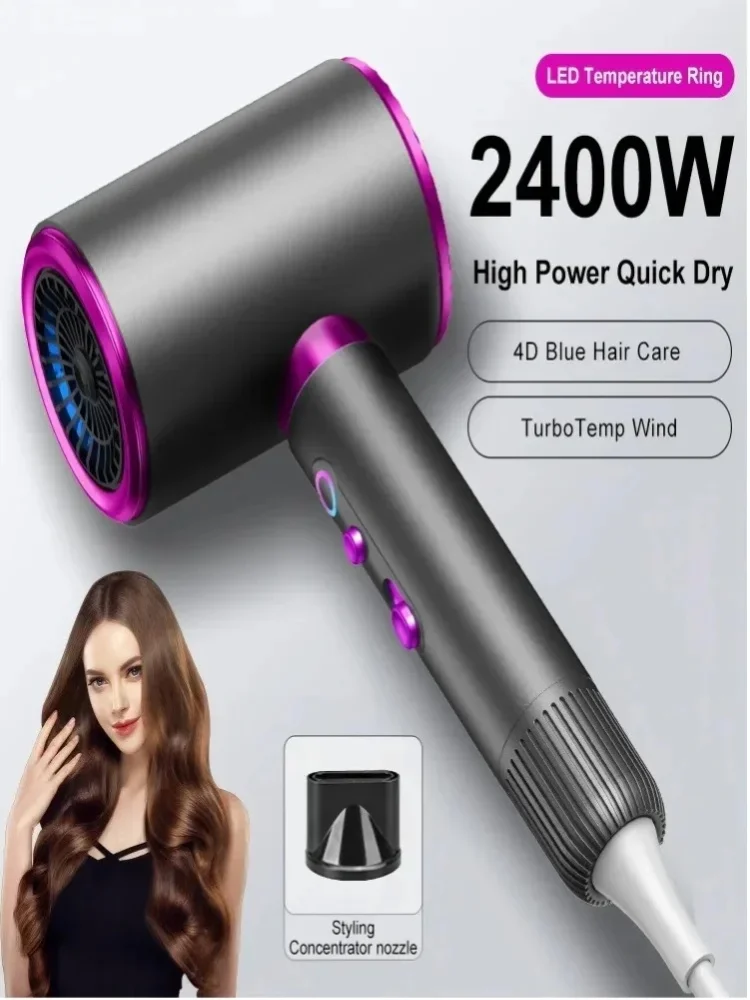 Portable 2400W High Speed Small Hairdryer Grey ABS DC Motor 220V Cold Hot Wind Adjustable Low Noise 45-50dB Professional Salon Blow Dryer with Concent