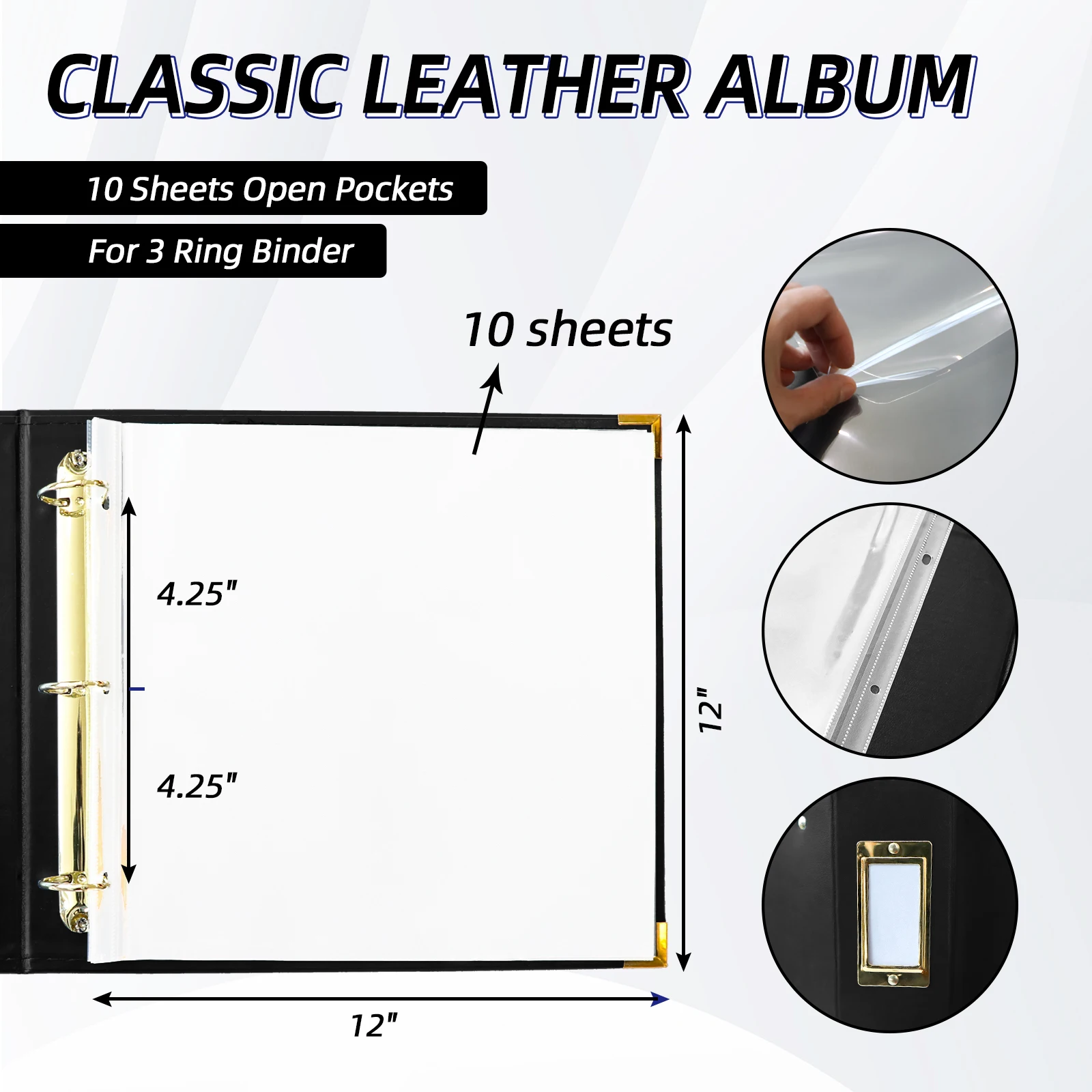 12x12 Photo Album 3 Ring Binder, Leather Cover Scrapbook Album 12x12 D-Ring with 10 Plastic Sleeves