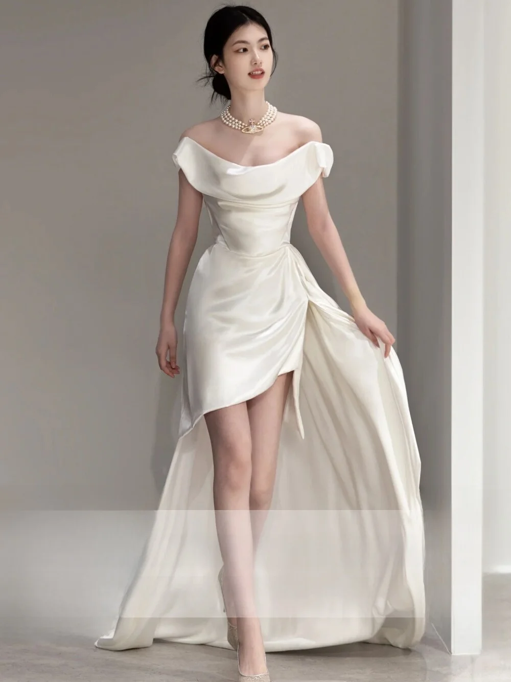 

Silk Satin Light Wedding Dr Small Dr White High-End Feel New Bride Marriage Engagement Registration Travel Photoaphy ...