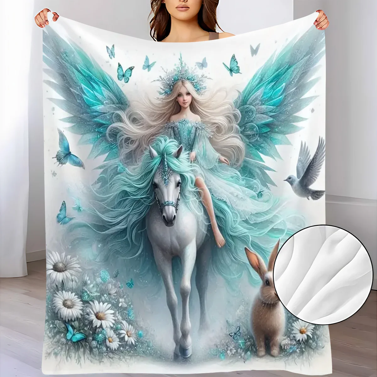 Fantasy Turquoise Winged Angel Princess Riding White Horse Butterfly Rabbit Daisy Flower Magical Pattern Flannel Blanket