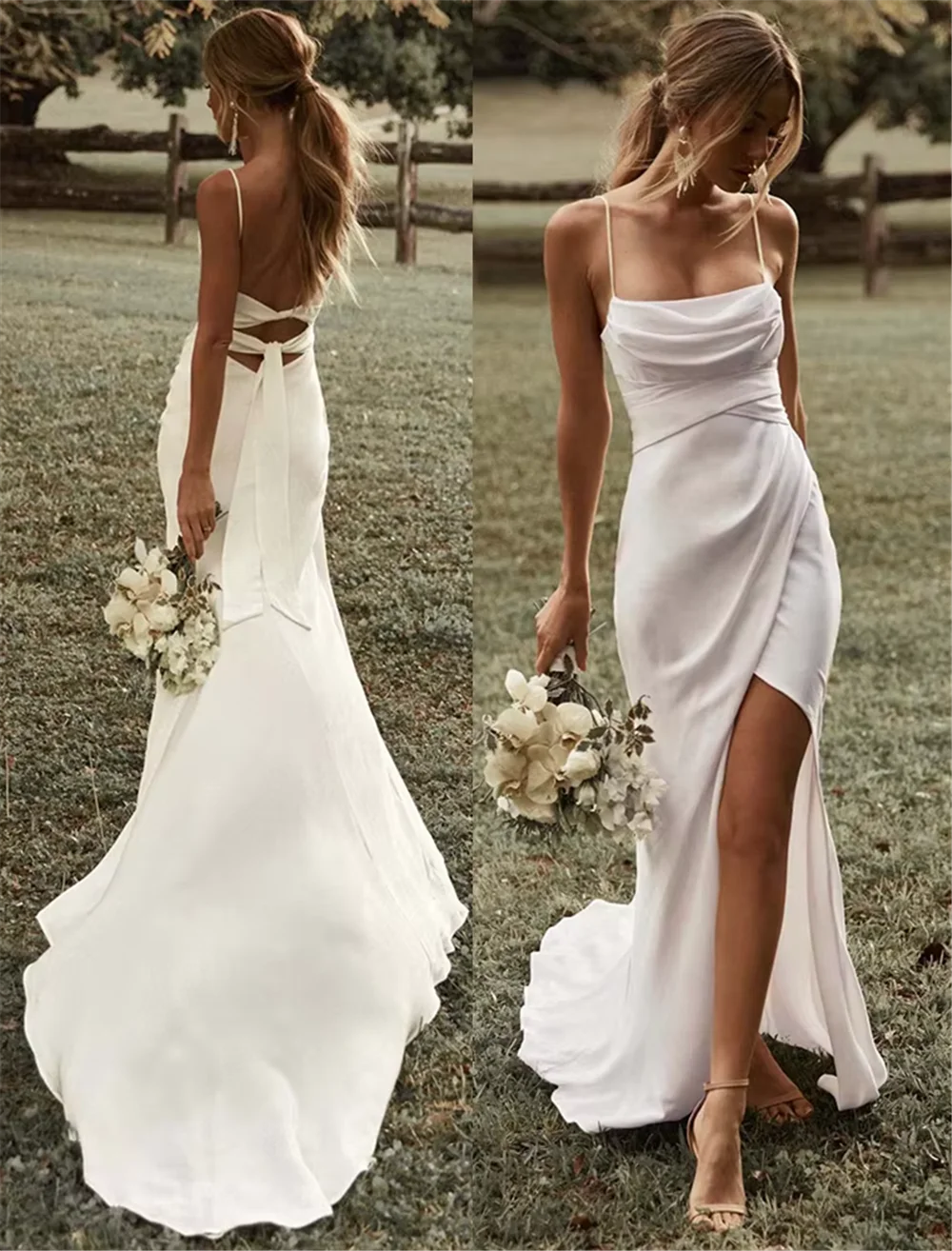 

Customized Simple Wedding Dress Mermaid Dress Spaghetti Straps High Slit Satin Backless Plain Bridal Gown Sweep Train Vestidos