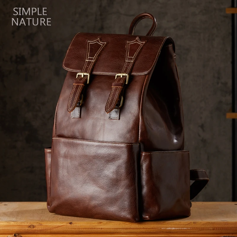 Genuine Leather Backpack Retro Handmade Top Layer Cowhide Leather Knapsack Large Capacity Bag Men Office Laptop Bag Rucksack