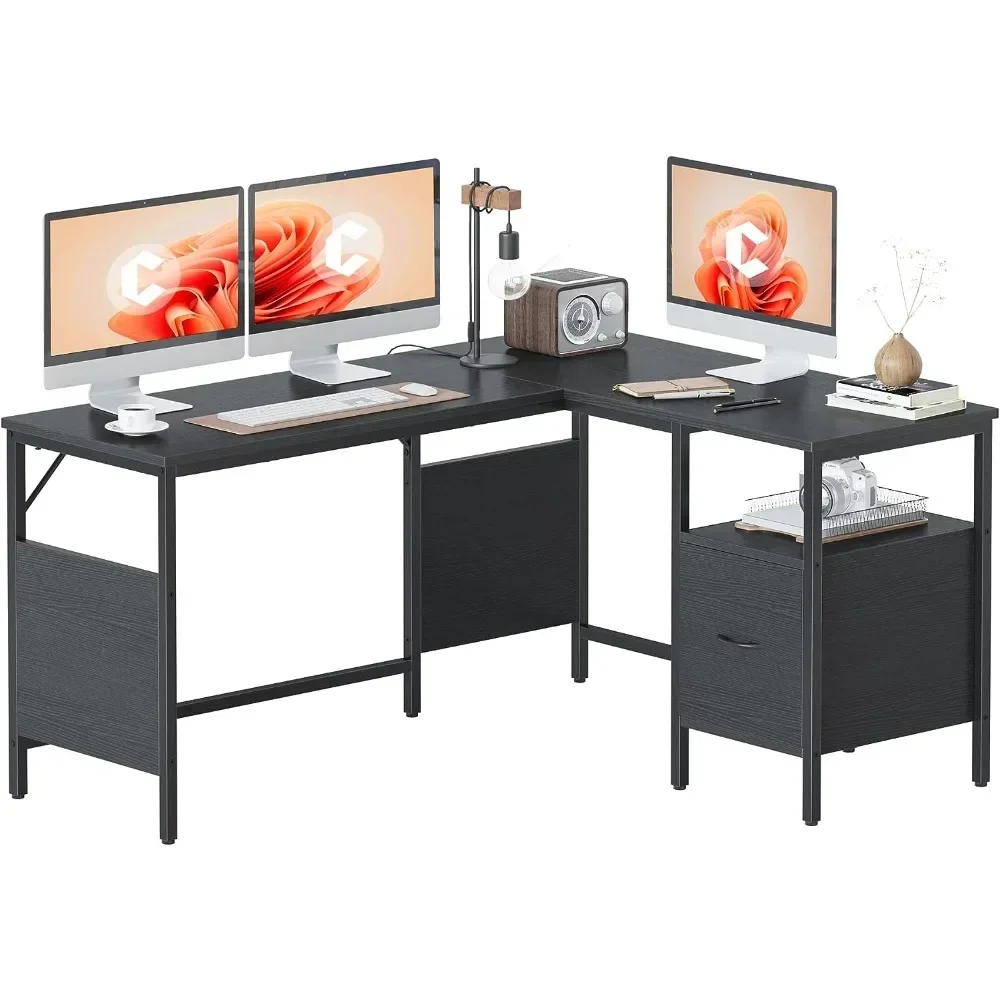 CubiCubi L Shaped Desk with Shelves, 59.1 Inch Corner Computer Desk, Home Office Gaming Writing Workstation , Black