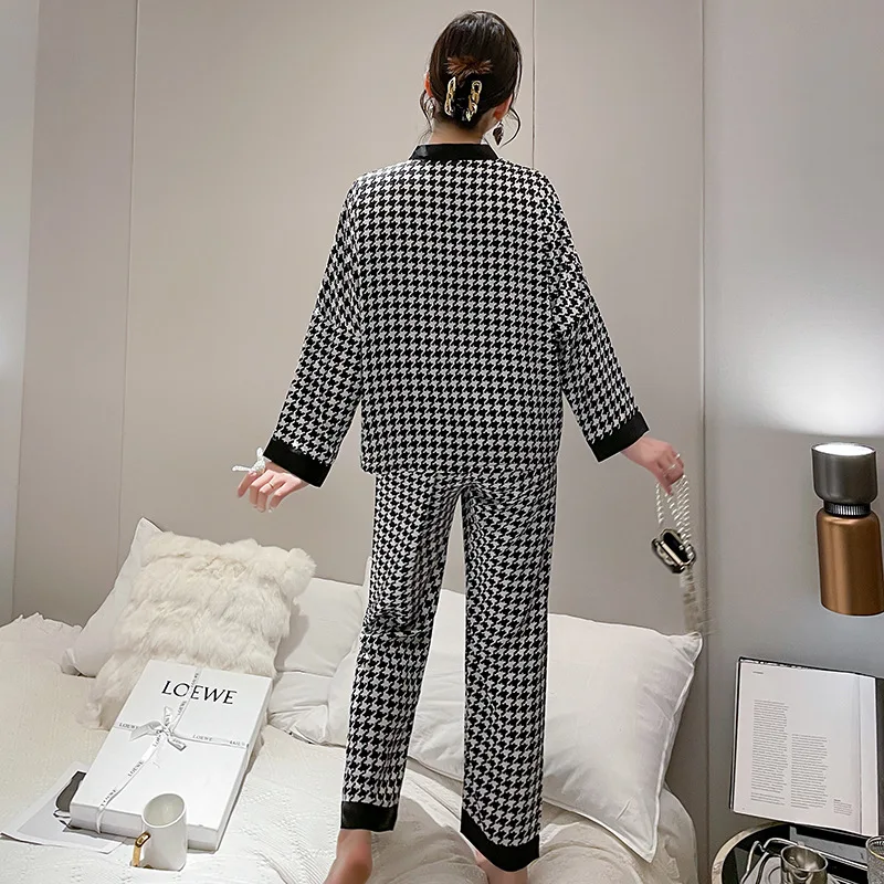 New Houndstooth Autumn Women's Pajamas Set Print Sleepwear Like Silk Nightie Leisure Long sleeve Button Homewear Nightwear Set