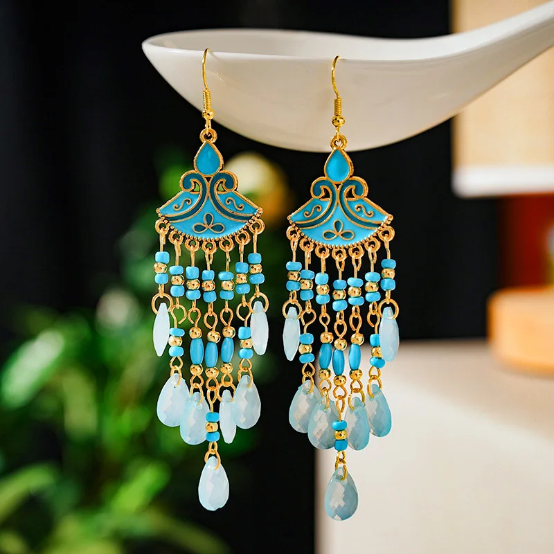 Böhmische mehrfarbige Reis perle Wasser tropfen Ohrringe für Frauen Temperament lange Emaille fächerförmige Ohrring Urlaub Party Schmuck – Detail 8