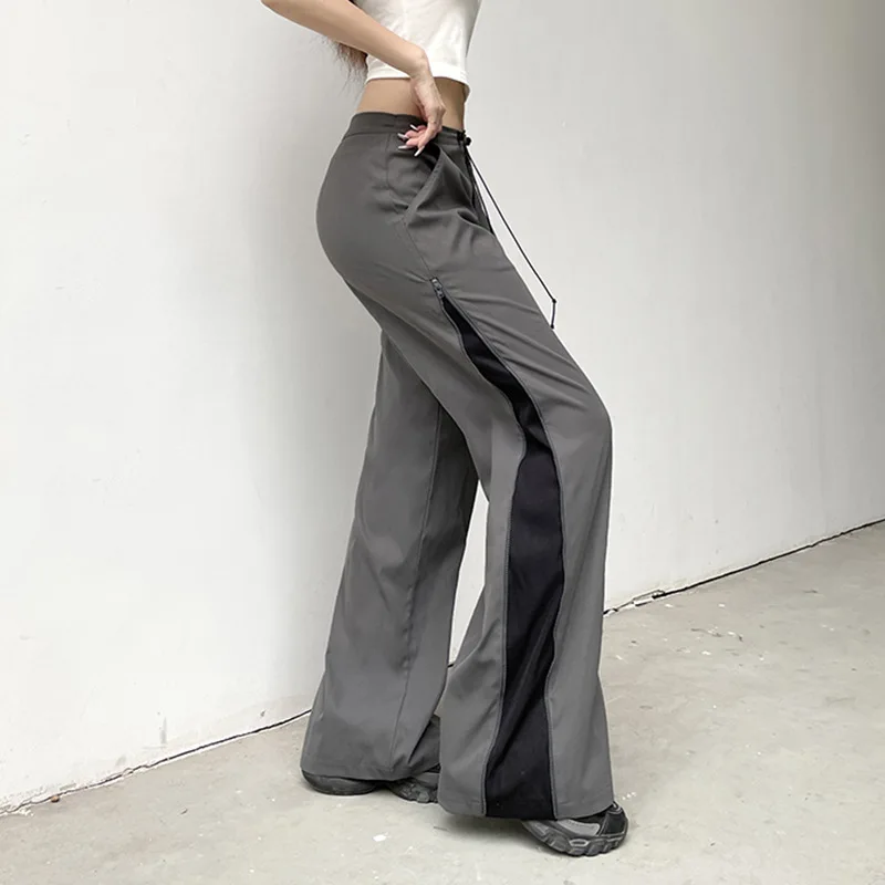 

Split Zipper Drawstring Contrast Casual Pants Harajuku Women Wide Legs Streetpants Autumn High Waist Straight Pants