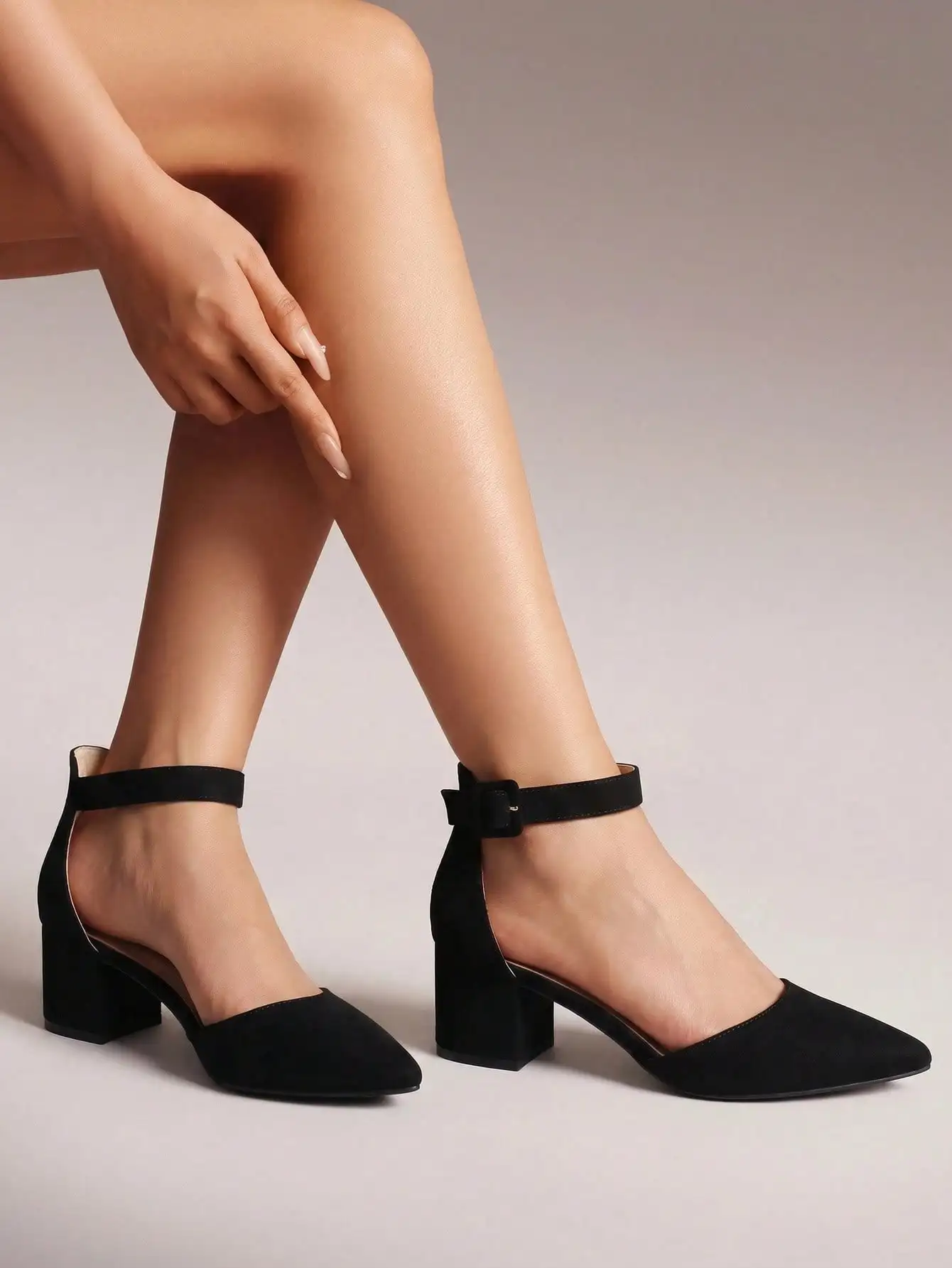 Women Pointed Toe Low Chunky Heels Pumps Ankle Strap Elegant Versatile Simple Shoes For Daily Commute & Business