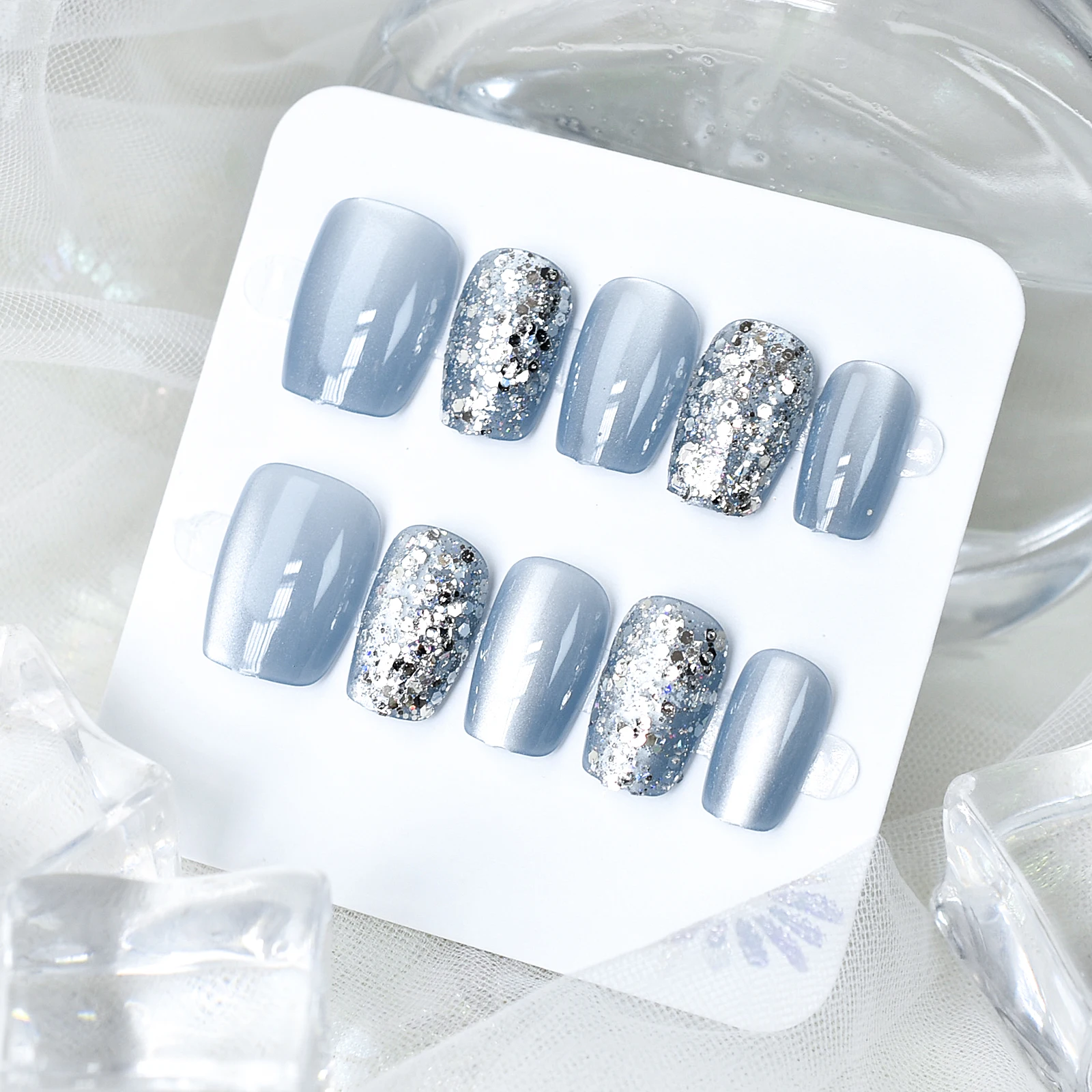 プレスオンネイル シルバーグリッター キャットアイ スクエア ショート ブルーカラー 1パック10個入り 選べる3サイズ