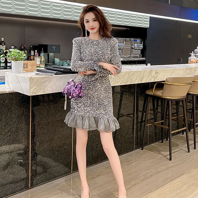 Birthday Party Dress Winter Design Horn Long Sleeve Slim-Fit Sequined Fishtail