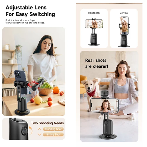 Imagen 2 del producto Cardán inteligente AI, soporte de teléfono todo en uno para teléfono inteligente, seguimiento automático de 360 °, estabilizador de vídeo en vivo, trípode