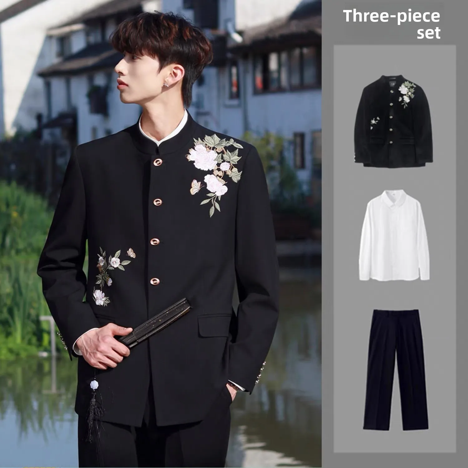 New Chinese Style Men's Wedding Suit Set Class Uniform 18th Anniversary High-End Feeling Tang Suit Business Casual Breathable