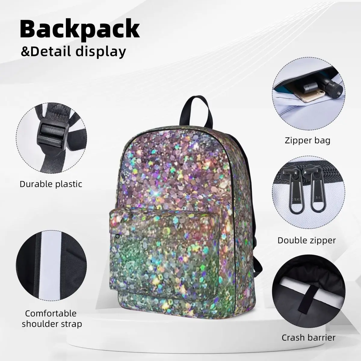 Rainbow Mixed Glitter Digital Art NOT REAL GLITTER Backpacks Student Book bag Shoulder Bag Travel Rucksack Children School Bag