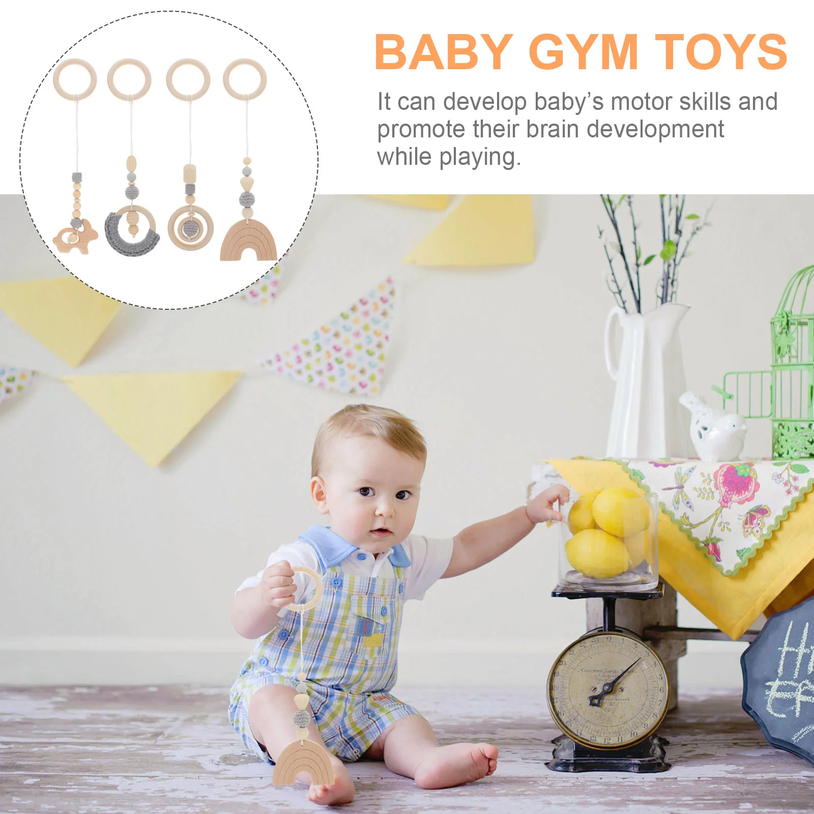 4-częściowa grzechotka The Bell Gym Rack Toys Fitness Baby Newborn Wózek Wiszące grzechotki Gryzaki Drewniany wisiorek z koralikami Sensoryczny