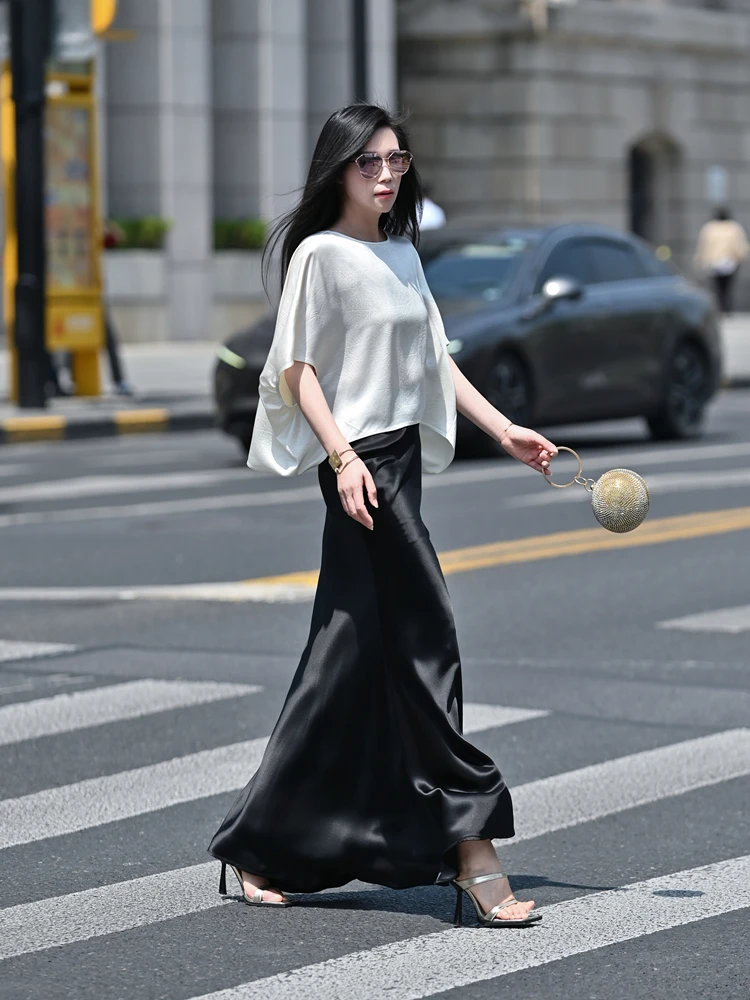 

Ele Long Acetate Satin Fi Tail Skirt with Elastic Waist Design Luxury Full Length f Skirt for Women Commute Sle