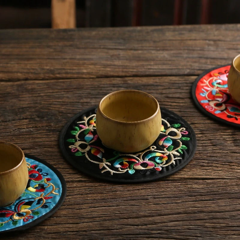 Silk Embroidered Flower Cup Mat Household Creative Insulation Tea Cup Coaster Yunnan Ethnic Style Embroidered Table Mat Crafts