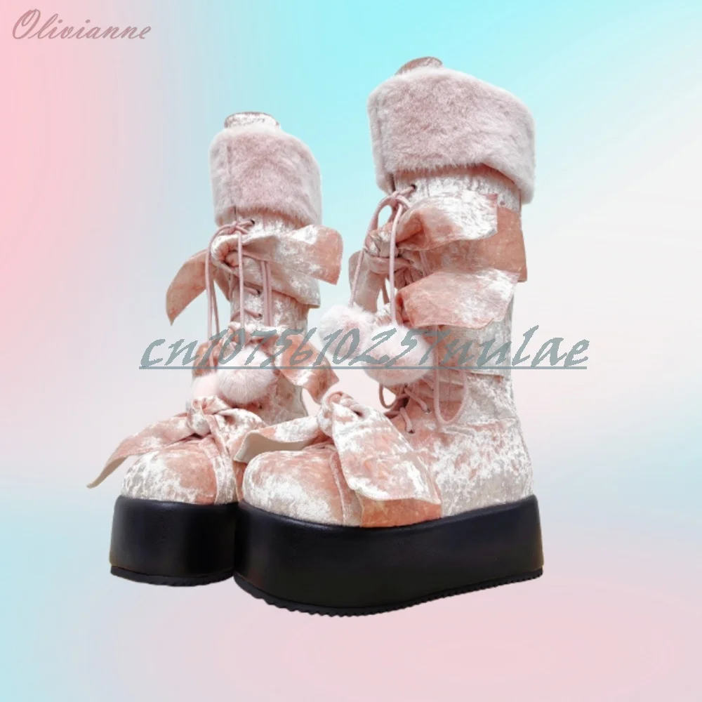 

Pink Suede Fur Ball Decor Mid Calf Boots Front Lace-up Round Toe Thickness Sweet Sexy 2026 Fashion New Women Shoes Para Mujere