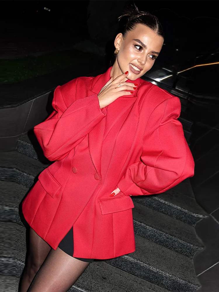 

Street Cinched Waist Suit Jacket Women Loose Red Shoulder Pads Lapel Full Sleeve Buttons Coat 2026 Spring Lady Commute Outwear