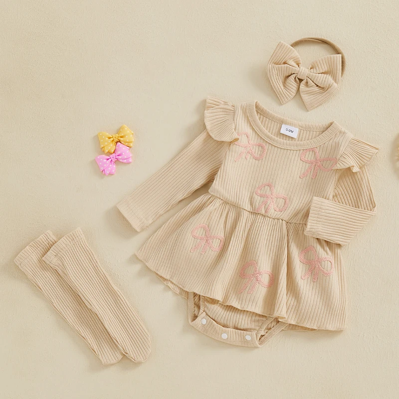 

Adorable Baby Girls Floral Print Romper Dress with Matching Bow Headband and Socks - Stylish Ruffled Jumpsuit for Infants