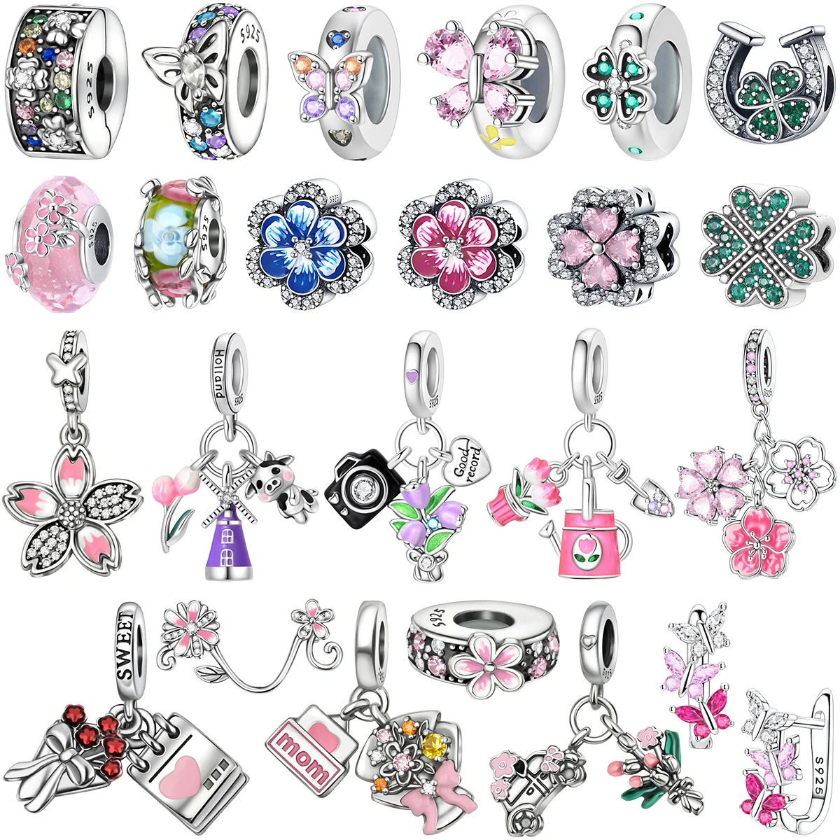 

Романтические подвески из стерлингового серебра 925 пробы с цветком вишни, колокольчик, орхидея, четырехлистный клевер, бусины для женщин, браслеты, ожерелье, ювелирные изделия, подарок