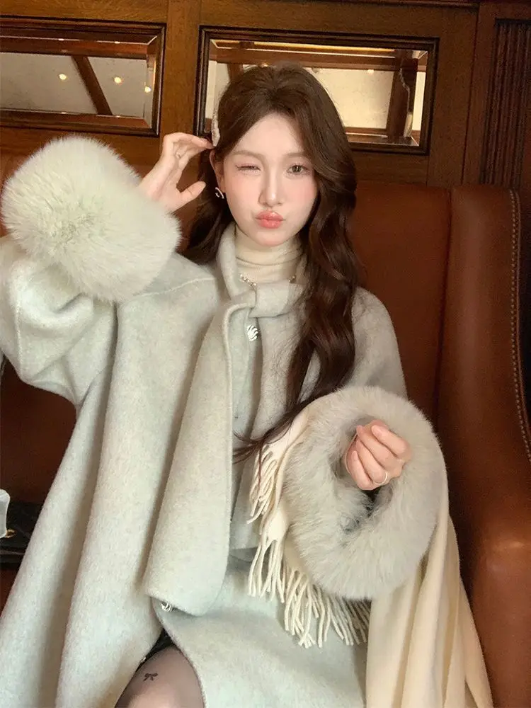 

Шерстяные пальто, женское шерстяное пальто, корейский стиль, женские осенние клетчатые пальто из полиэстера на пуговицах, укороченные рукава реглан, воротник-стойка