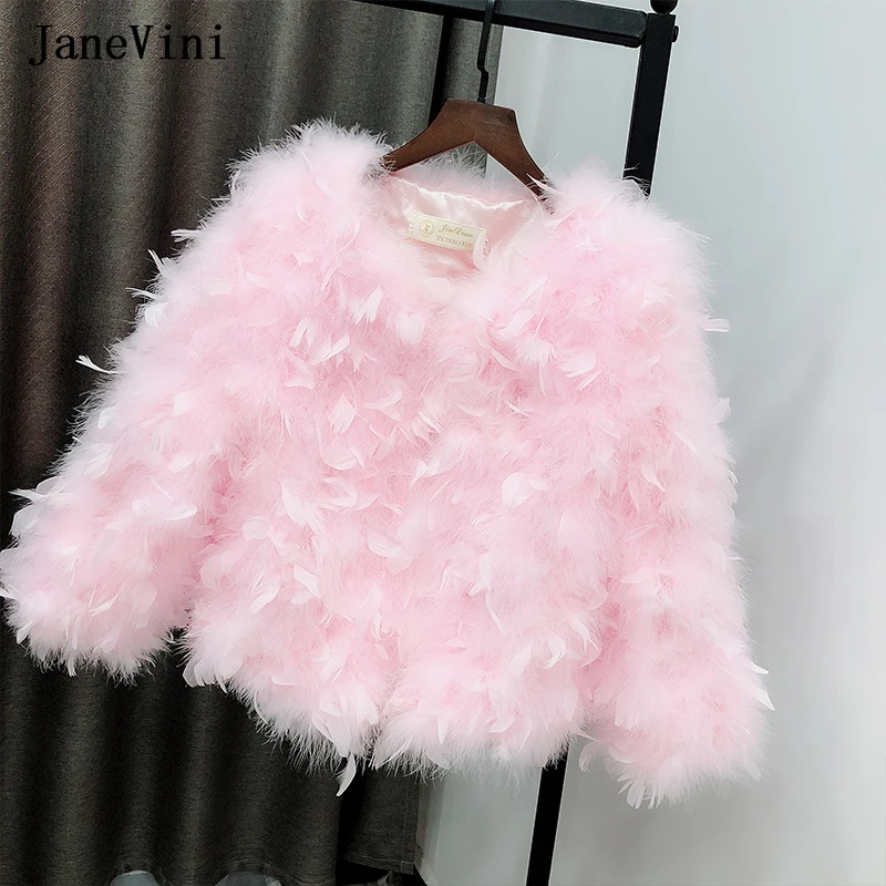 JaneVini Luxury Real Ostrich Feathers Bridal Coat Women Fur Jacket Winter Warm Fluffy Fur Bride Shawl Wraps Wedding Capes Tops