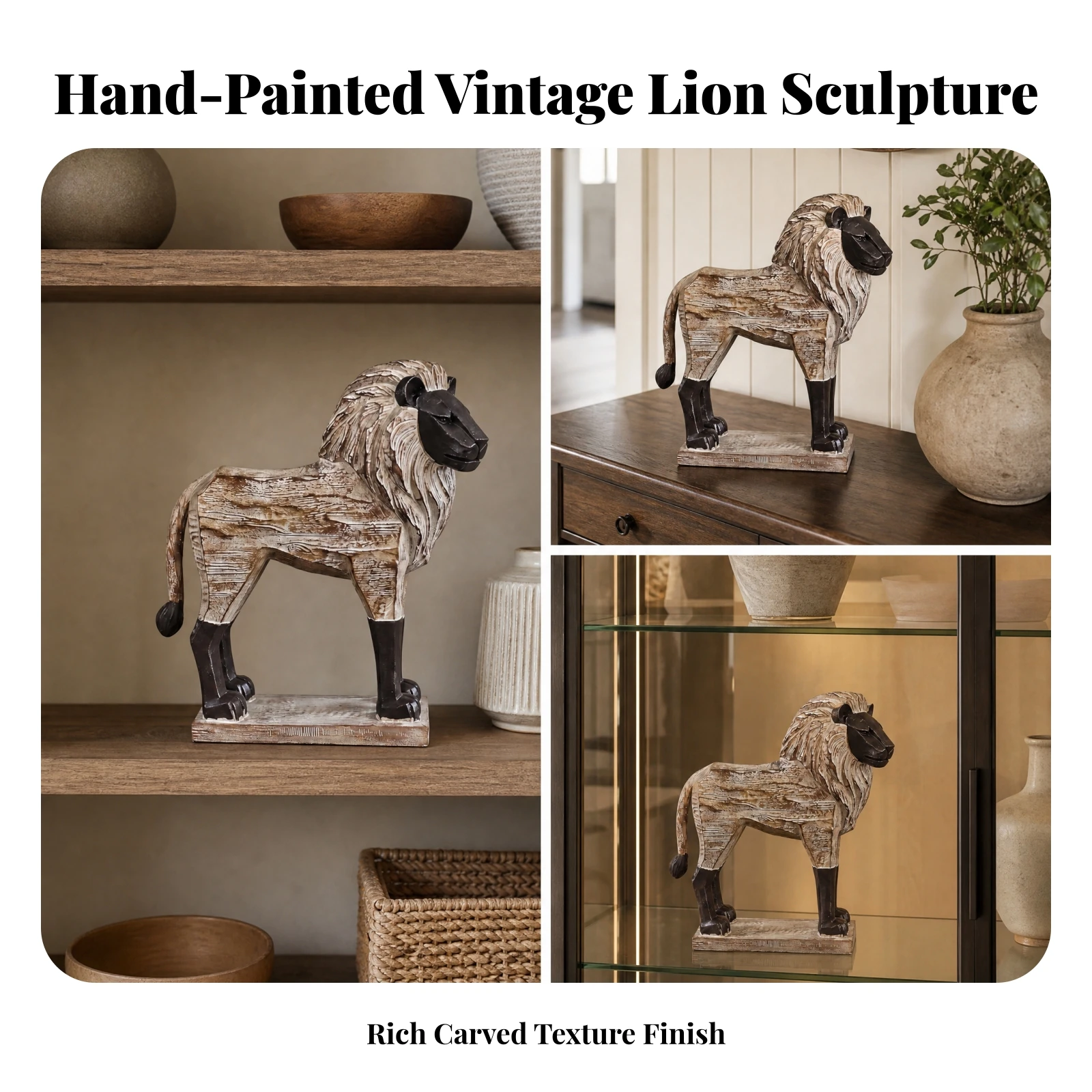 Wood-Grain Lion Figurine Sturdy Lion Statue with Rectangular Base Textured Rustic for Shelf Display, Living Room Decor