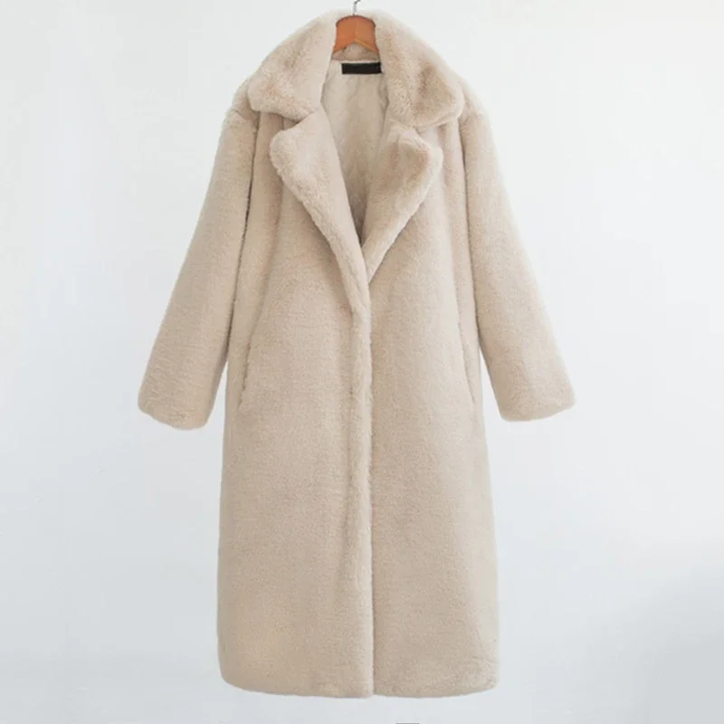 Manteau long en fausse fourrure de lapin pour femme, pardessus d'hiver de luxe, veste à revers respirante, ceinture, peluche, grande taille