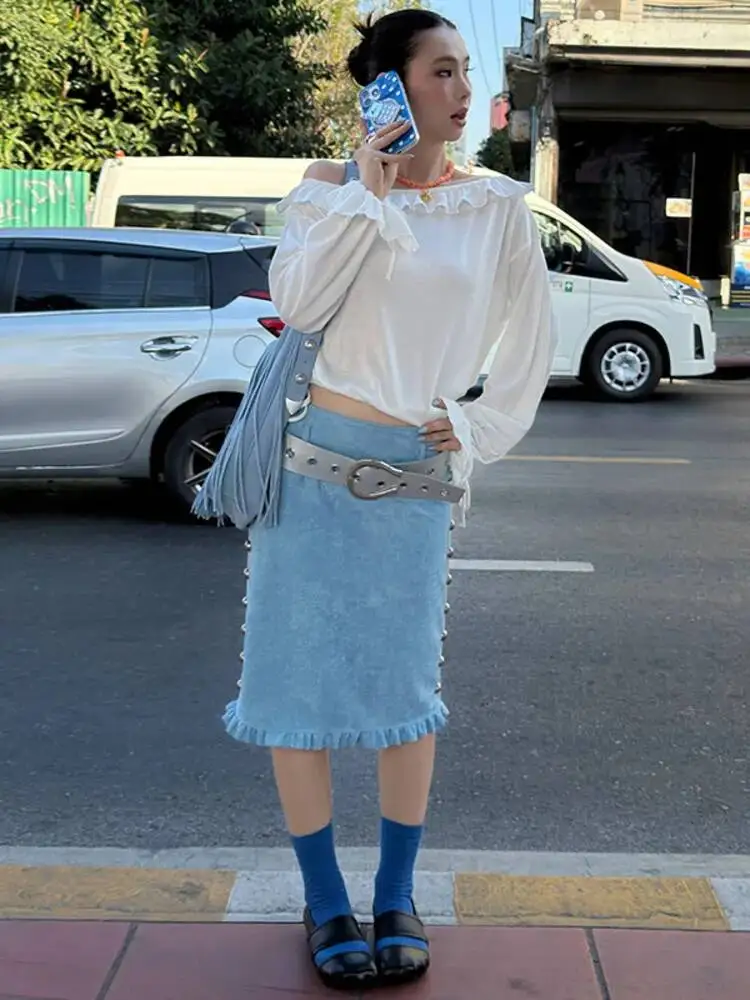 Fashion Solid Color Nail Bead Short Skirt With Pocket Splicing Pleated Hem Pressed Half Skirts Spring Summer New 7YBJV