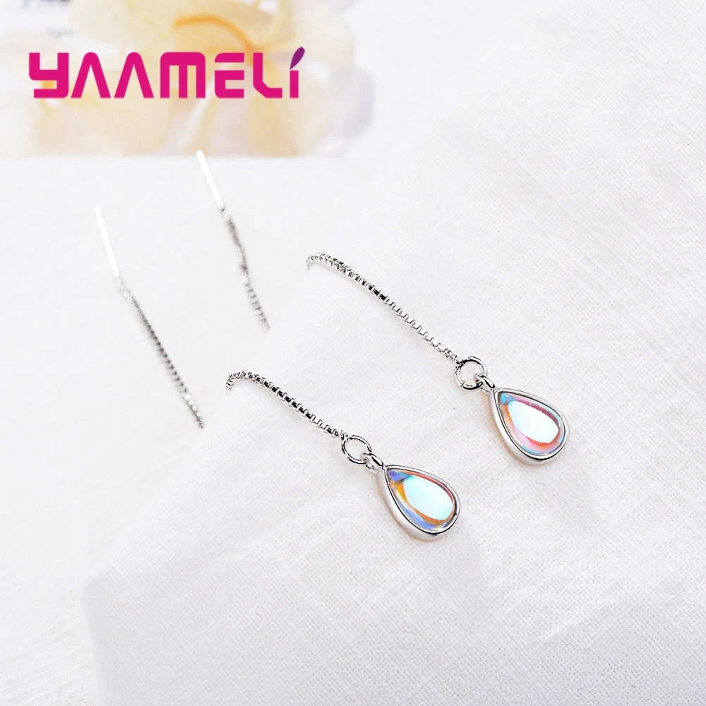 Unique Style Moonstone Earrings 925 Sterling Silver Long Thread Water Drop Statement Jewelry for Women Girl Boho Wedding
