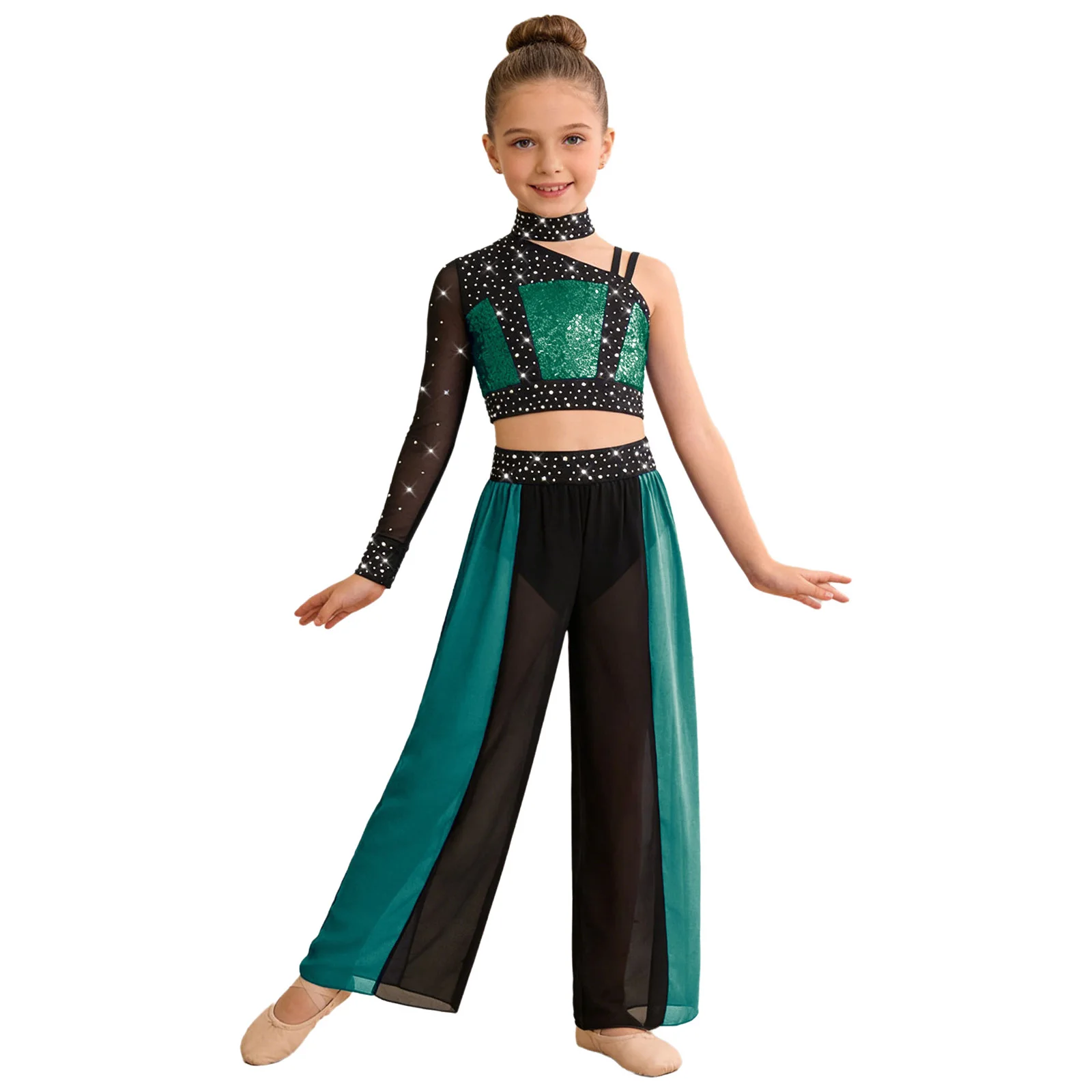 Kids Girls Modern Lyrical Dance Outfit Shiny Crop Top with Split Chiffon Pants Figure Skating Gymnastics Acrobatics Costume