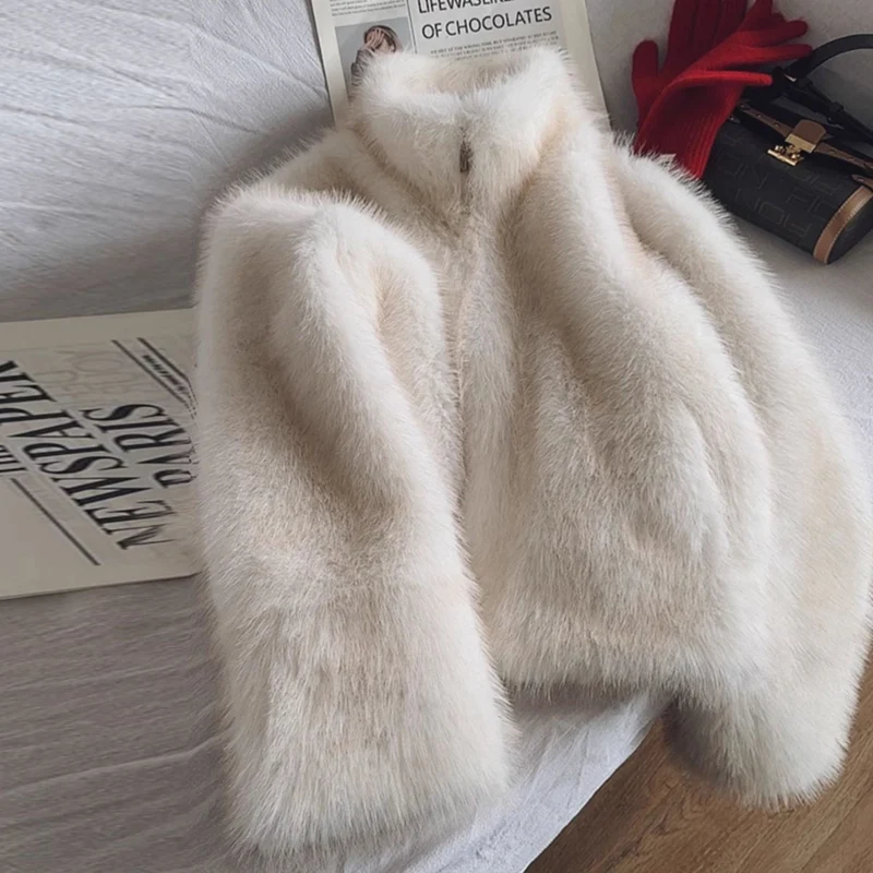 

Stand Collar Two-color Fake Fur Coat Windproof Warm Women's Winter Long Sleeve Zipper Coat Loose Fashionable Essential Outfits