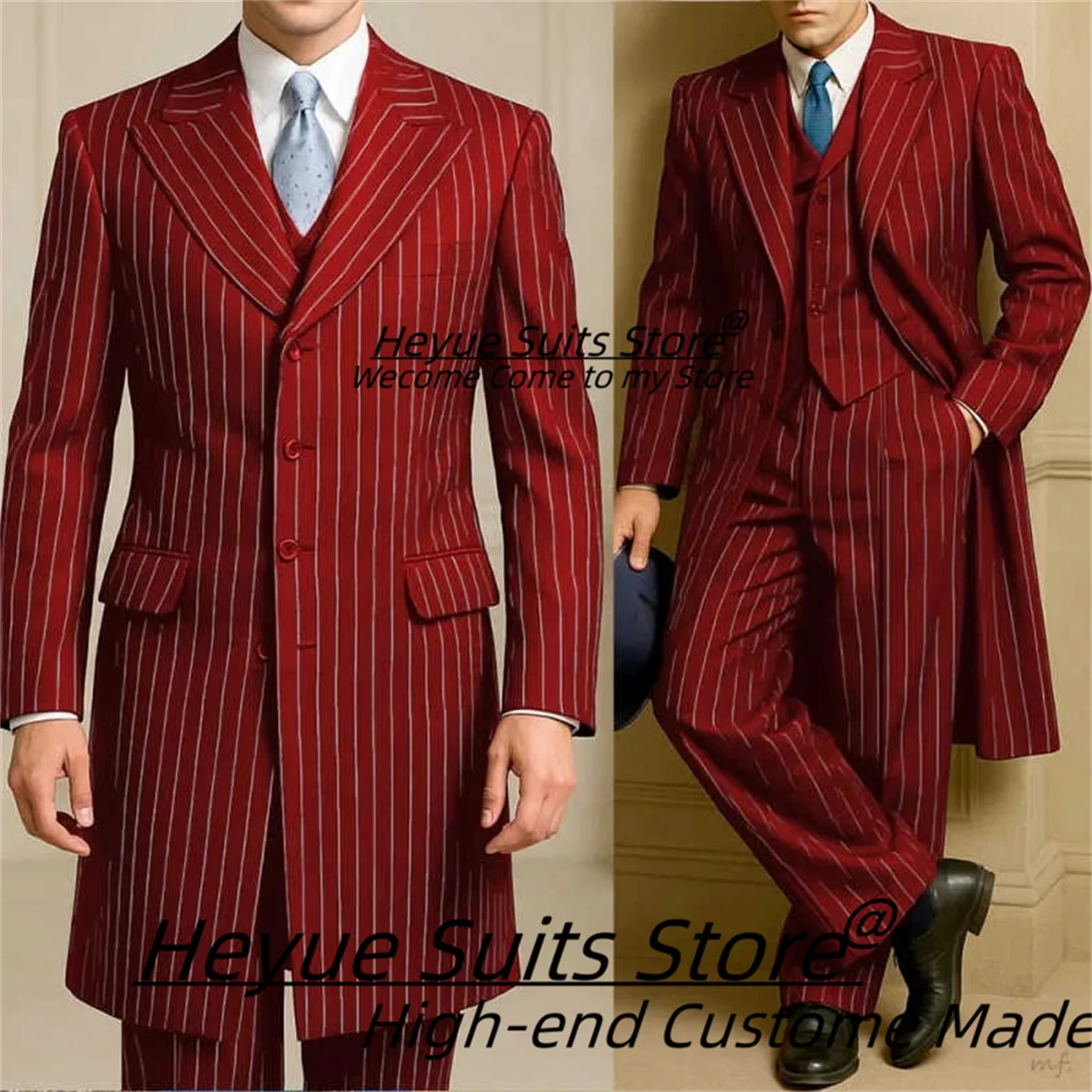 

Business Formal Stripe Men Suits Customized Slim Fit Long Groom Wedding Tuxedos 3 Pieces Sets Male Party Blazers Costume Homme