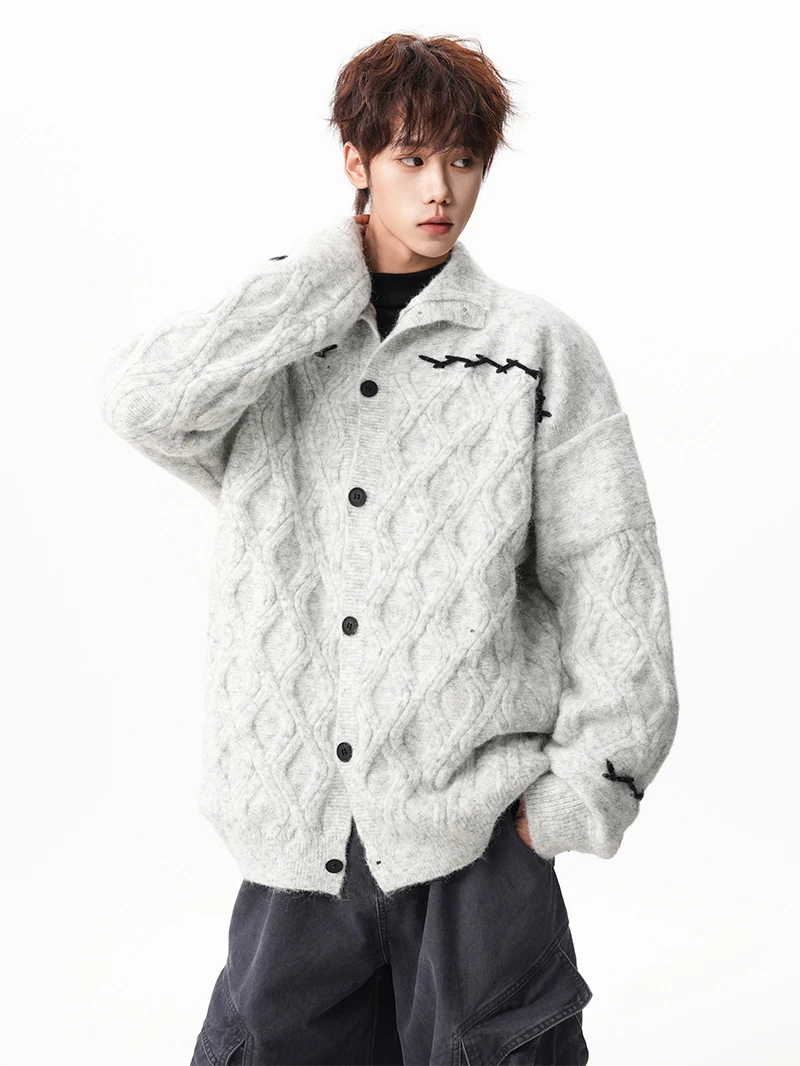 الخريف الشتاء خمر الماس نمط تصميم بدوره إلى أسفل طوق رمادي فاتح سترة الرجال فضفاضة سميكة عادية سترة مشغولة من الصوف #5