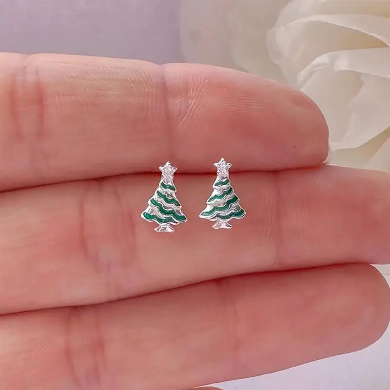 Huitan Tree Shaped Ename Stud Earrings for Women Inlaid Shiny CZ Christmas Party Elegant Accessories Fashion Festival Jewelry