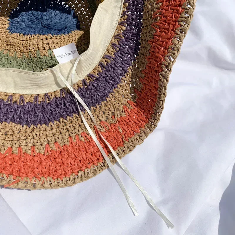 Fashion Rainbow Color Hand-woven Sun Hat for Women Summer Beach Caps Folding Sun Protection Korean Straw Hats Accessories