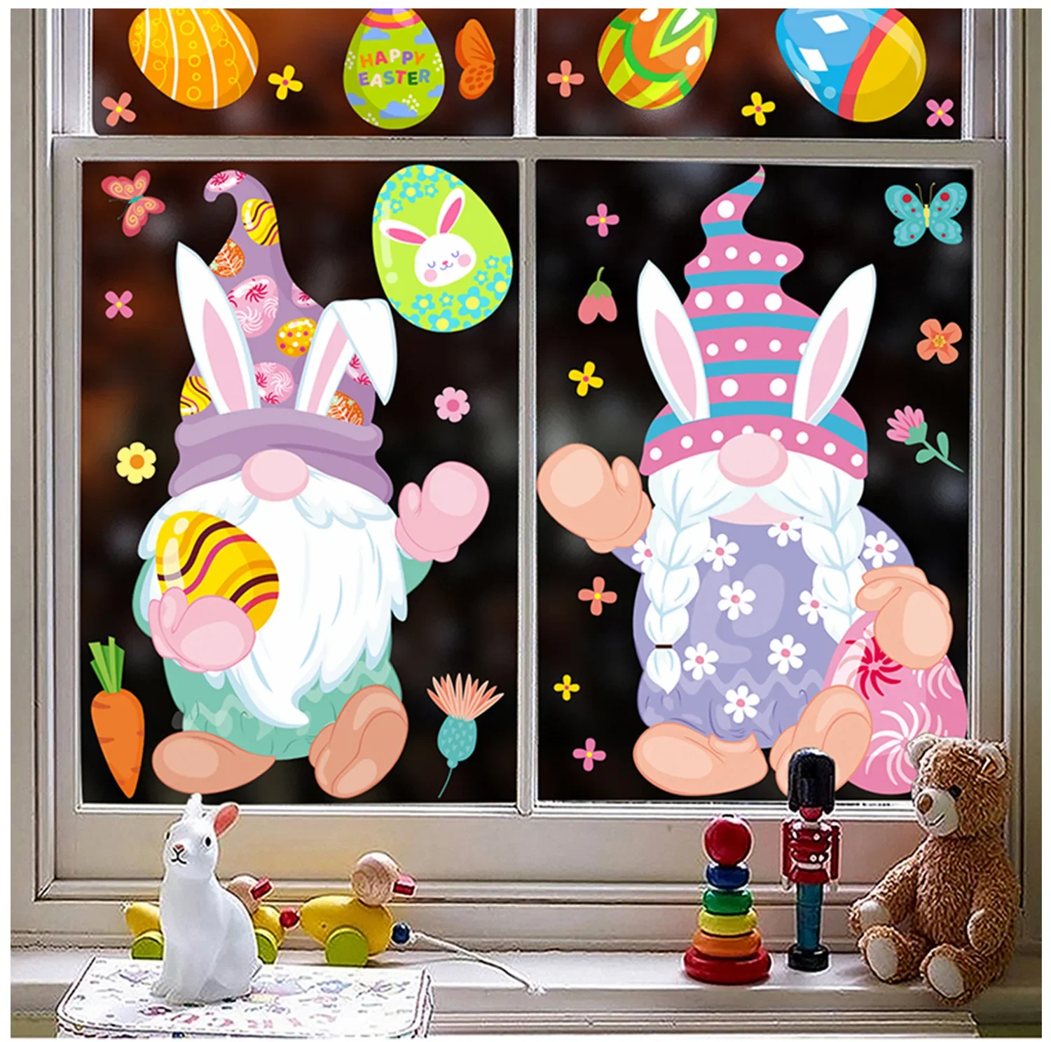 

9PCS 20x30cm Easter Dwarf Window Stickers Colorful Eggs Rabbit Party DIY 2025 Happy Easter Day Decor For Home Kids Easter Gifts