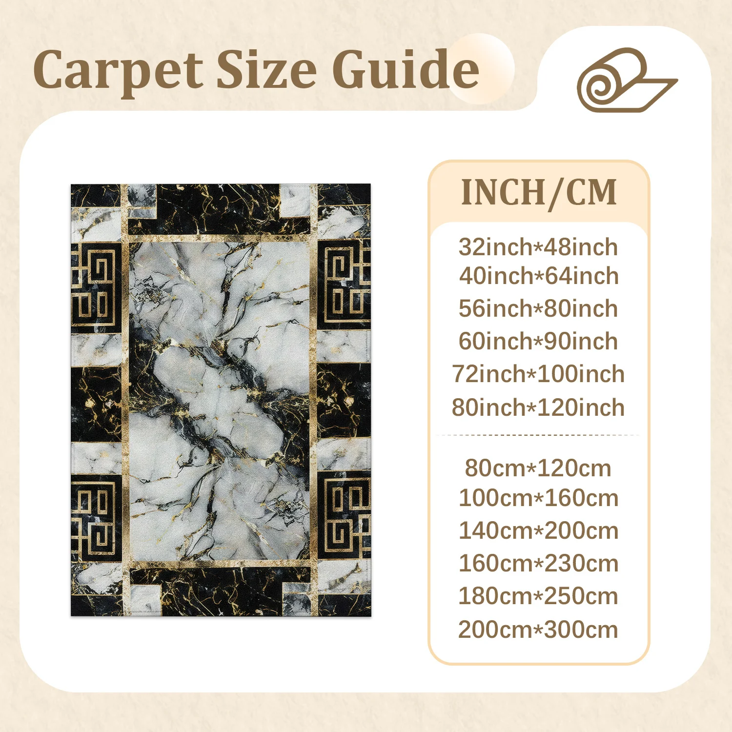 Large Indoor Area Rug, Soft Velvet Low Pile, Non-Slip Dotted Backing, Machine Washable, Black White Gold Marble Greek Key Pattern, Ideal for Living Room, Bedroom, Entryway