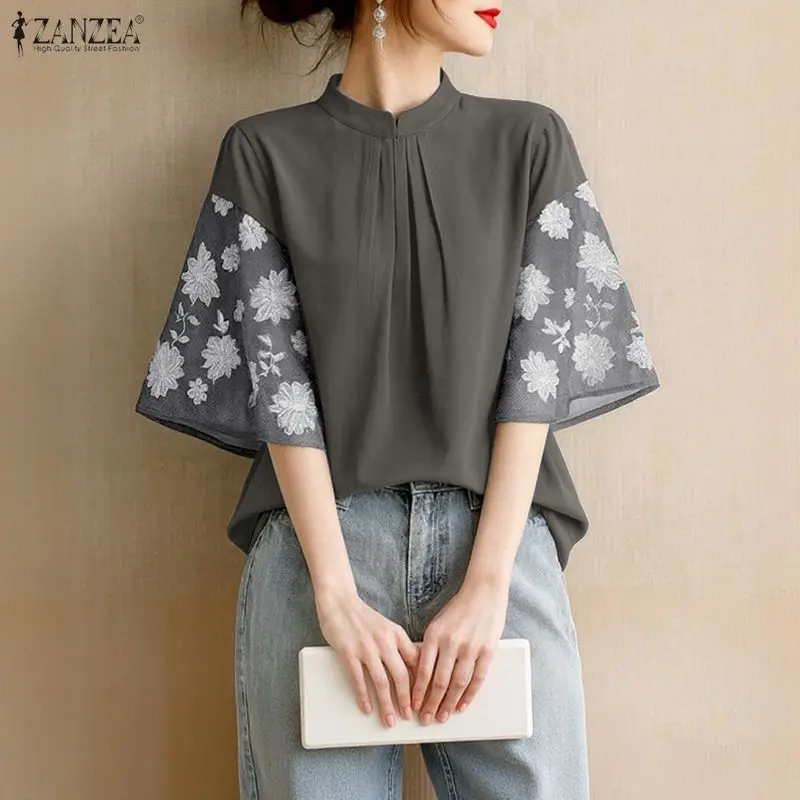 

ZANZEA 2025 Summer Office Work Shirt Women Elegant Floral Patchwork Blouse Stand Neck Short Sleeve Tops Mujer Oversize Tunic