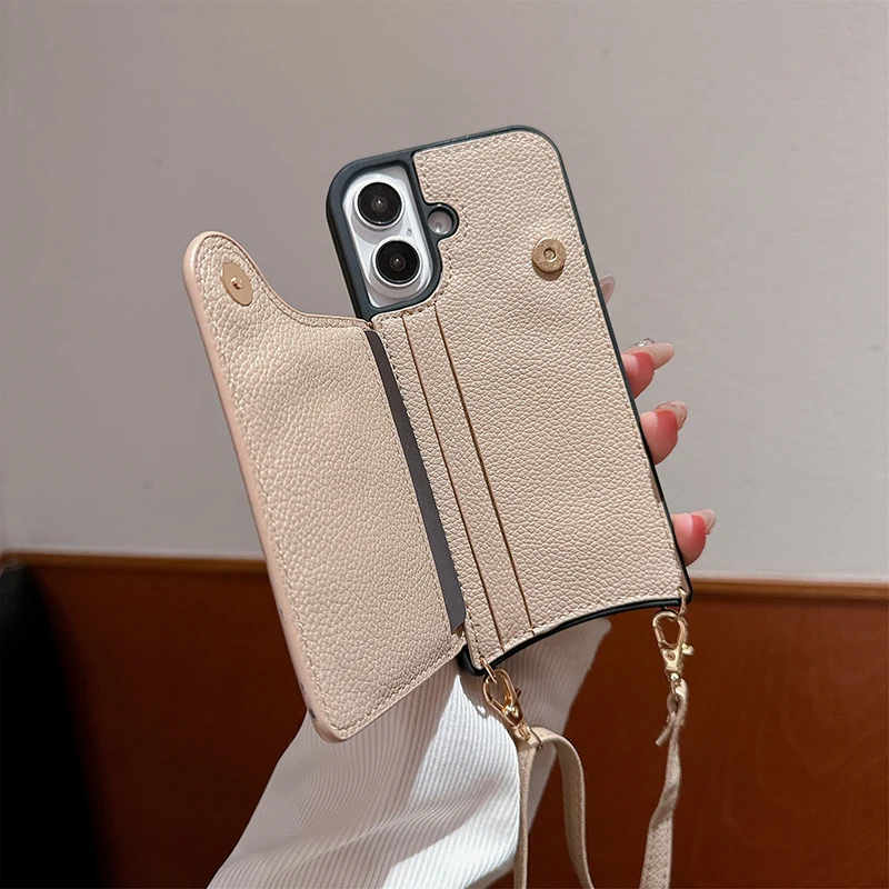 Capa de telefone com suporte de anel de corda crossbody para iPhone 16 15 14 13 12 11 Pro Max Plus Carteira de couro com capa de suporte de cartão